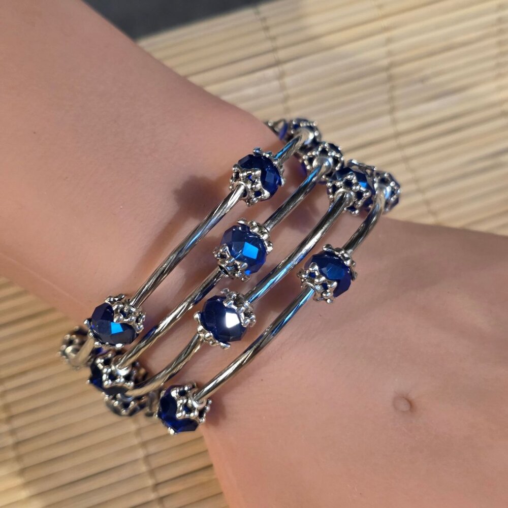 Blue Faceted Crystal Rondelle Beads Silver Metal Handcrafted Wrap Bracelet 29$